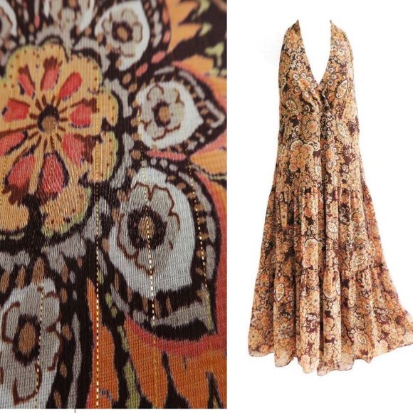 Vintage Boho Maxi Dress Floral Gold Lurex Metallic Halter Tie Side Zipper 14 - Picture 1 of 9